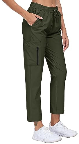 MoFiz Pantalones Cargo Mujer Ligeros Elasticos Trekking Pants de Trabajo Impermeable con Bolsillos Pantalones Verde Militar XL