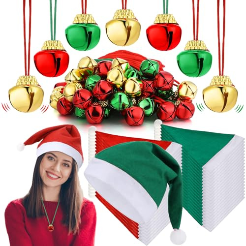 Seajan 50 Pcs Santa Hat with 50 Pcs Christmas Bell Necklaces Xmas Hat and Necklace for Xmas Party Supplies Kids Adults(Red and Green)