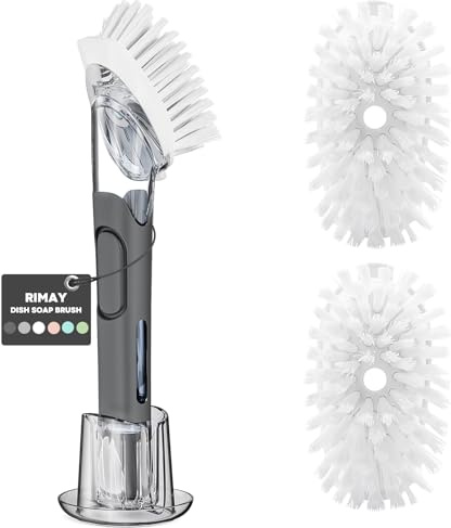 Soap Dispensing Replacement Dish Brush Storage Set with 2 PCS Brush Refills & Holder - RIMAY Dispenser Scrub Cleaning Scrubber Kitchen Dishwashing Dish Wand Handle for Dishes/Pans/Pots/Sink(Black)