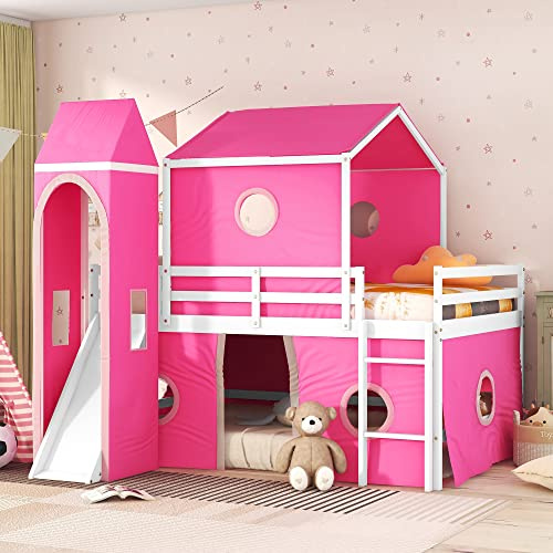 House Full Loft Bed Frame with Slide and Tent, Full Size Loft Bed with Small Pinnacle and Ladders, Wood Full Bunk Beds, Playhouse Bed Frame for Kids, Teens, Boys & Girls (Full Size, Pink)