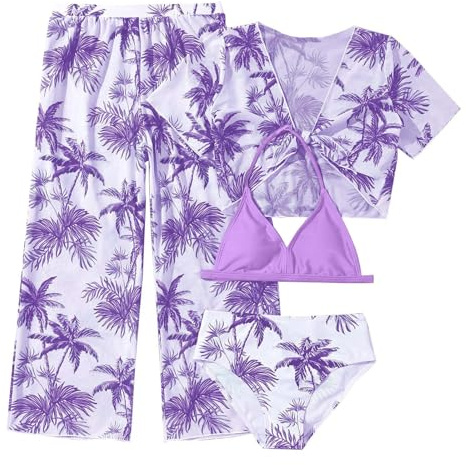 Ensembles de Bikini 4 Pieces Pas Cher Maillot De Bain Ado Fille 7-11 Ans Tropical Haut De Maillot De Bain + Tanga + Pantalon + Paréo Manche Courte Enfant Fille Plage Piscine (Violet, 11-12 Ans)