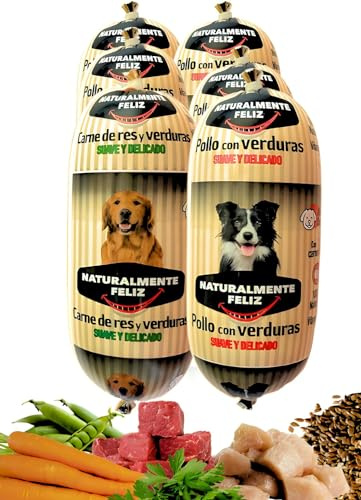 Naturalmente Feliz Alimento Natural casero para Perros, Comida húmeda con Carne y Verduras - 90% Carne (6x450gr) (Cocido Pollo - Ternera y Verduras) Comida Húmeda