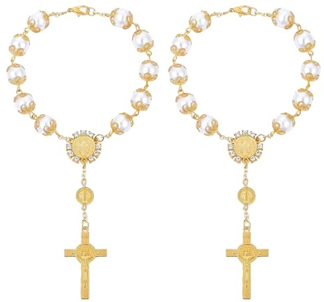 Flaconi Rosenkranz Auto,Auto Anhänger für Spiegel,Auto Spiegel Deko,Kreuz für Auto,Innenraum Spiegel Zubehör,Anhänger Kreuz Ornament,Geeignet für Auto-Rückspiegel-Aufhängungszubehör (Gold)