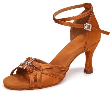 ZYXWVU Zapatos de Baile Latino Mujer Puntera Abierta Raso Zapatos de Baile de Salón Salsa Tango Bachata Marrón,40 EU