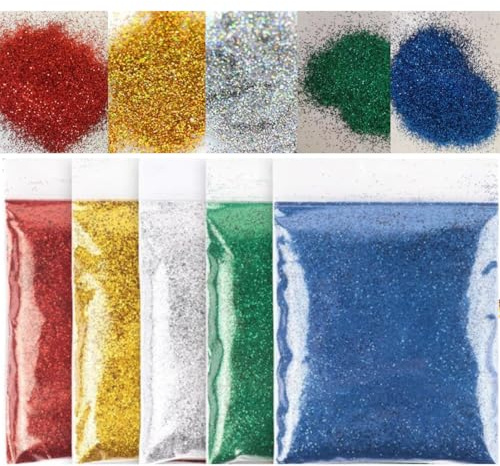 KARLOR Glitter Puder Makeup, 5 x 20 g glitterpulver ansikte kropp nagel glitterpulver för pyssel röd grön silver guld blå, pyssel glitter pulver glitterpulver för Nail Face Body Hair hantverk