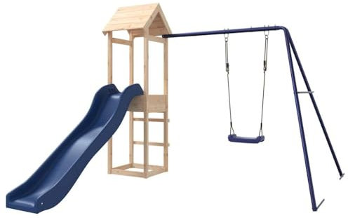 Willood Spielturm Massivholz Kiefer 238 x 259 x 194 cm Kletterturm mit Holzdach Klettergerüst mit Rutsche und Schaukel Kinder Spielturm Outdoor