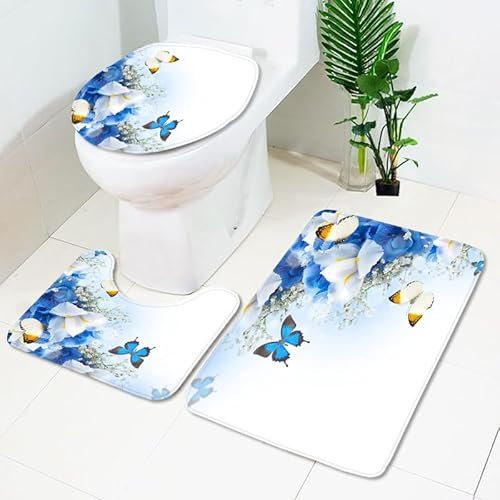 Badezimmerteppich Blauer Beige Schmetterling WC Vorleger mit Ausschnitt WC Deckelbezug 3 Teiliges WC Teppich rutschfeste Badgarnitur U förmiger Badematte Waschbar Bad Teppiche Set 50x80 cm