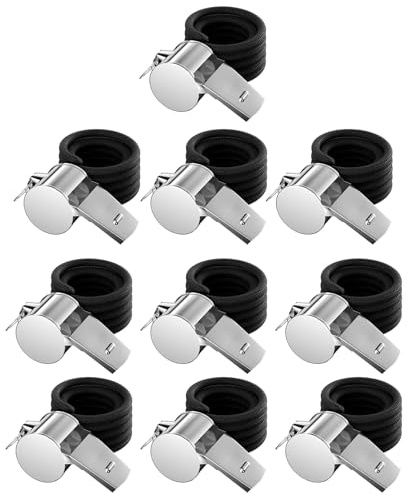 Huangyihan 10 silbatos de acero inoxidable, silbato de árbitro con cordón, sonido fuerte y claro, ideal para deportes al aire libre, árbitros de fútbol, entrenador, entrenamiento de perros, deportes