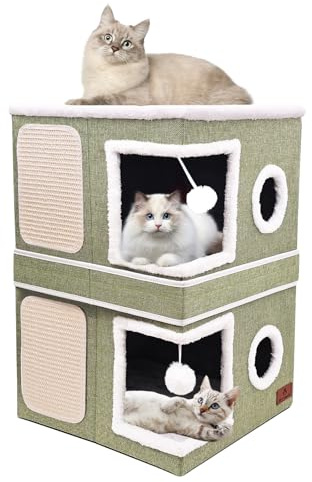 2-Story Cat House for Indoor Cats, Dual-Purpose Cat Cave Bed with Scratch Pad and Fluffy Ball, Foldable Condo Hideaway for Multi Small Pet Kitten, Green