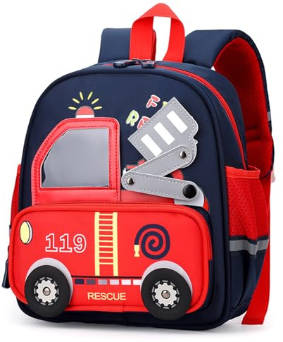 PROTAURI Sac à Dos Enfant Maternelle Garçon 2-6 Ans 10.6L EPA, Marineblau | sangle poitrine réfléchissant imperméable léger respirant ergonomique DIN A4 Camion Pompier