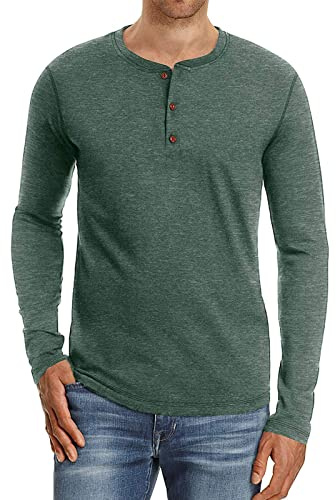 PEGENO Men's Casual Slim Fit Long Sleeve Henley T-Shirts Cotton Shirts (US Large, A2 VG-Green)