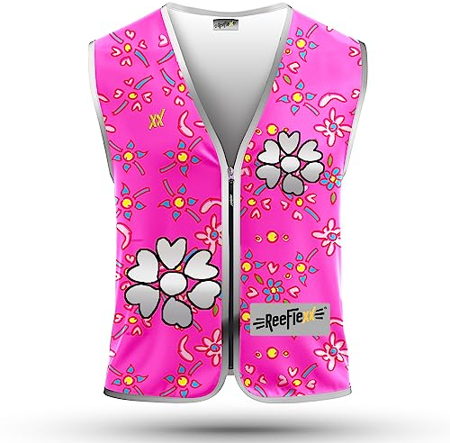 REEFLEXX Warnweste Kinder Sicherheitsweste, erhöhte Sichtbarkeit im Straßenverkehr, Schule, Fahrrad oder Auto, Pink Flower Hearts- Größe M