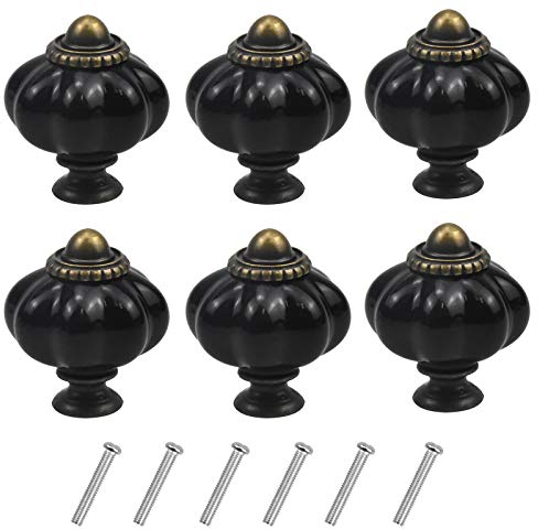 6 Pcs Boutons Vintage de Citrouille, Poignee de Meuble Antique, Boutons de Portes Tiroirs Poignée de Traction en Acrylique avec Vis pour Cuisine Placard, Commode, Armoire (Noir)