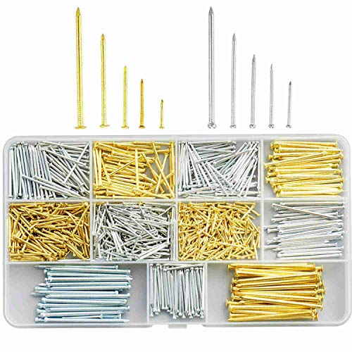Litorange Juego de 900 clavos de acero, 10 tamaños de clavos de hormigón (13-35 mm), clavos de cabeza redonda chapados en cobre y clavos sin cabeza chapados en zinc para paredes,Muebles