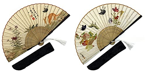 Eastern Wind lot de 2 pièces evantail pliant en coton bambou imprimé de chats et de papillons, inclure 2 pochettes en soie， éventail japonais chinois 22 cm