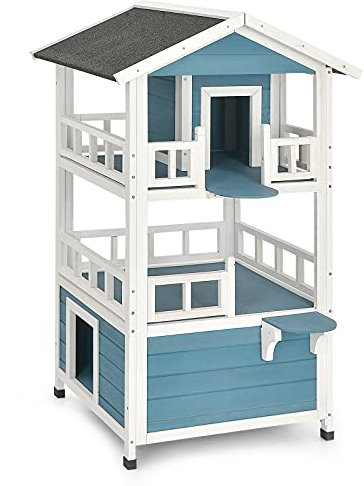 GYMAX Cat House, Large Weatherproof Kitten Shelter with Roof, Outdoor Indoor Pets Playhouse Condo for Dogs, Rabbits & Chickens (60 x 60 x 126cm)