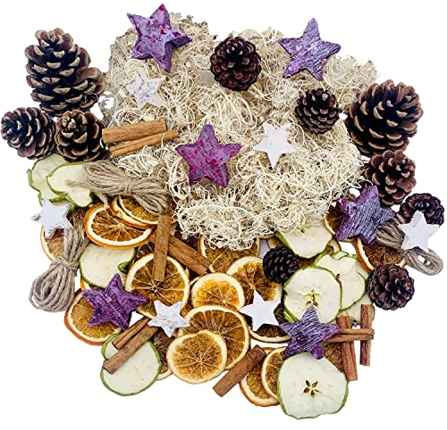 Potpourri natalizio con fette di arancia essiccate, fette di mela, bastoncini di cannella, stelle di cocco bianche e viola e pigne, decorazione naturale per corone dell’Avvento (Deko 1)