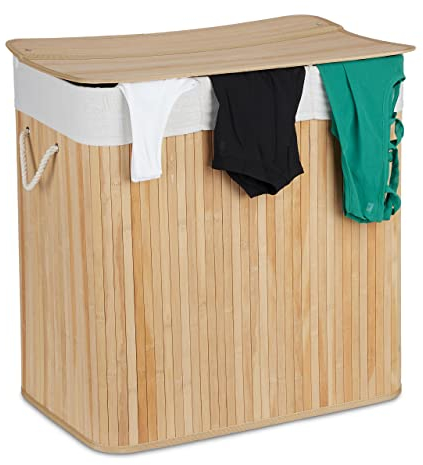 Relaxdays Panier à Linge, 3 Compartiments, Couvercle, trieur rectangulaire, HxLxP: 62x62,5x42,5 cm, Bambou, Nature-Blanc