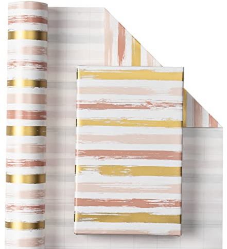 RUSPEPA Geschenkpapierrolle – Rosa Und Goldene Linien Für Geburtstag, Urlaub – 43,2 cm X 10 m