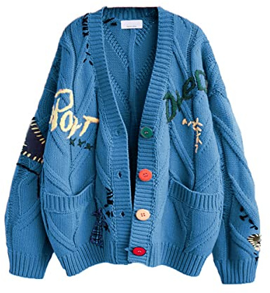 Women's Cable Knit Long Sleeve Open Front Cardigan Sheep V-Neck Button Down Embroidery Wool Blend Sweater Coat Outwear (L,RoyalBlue)