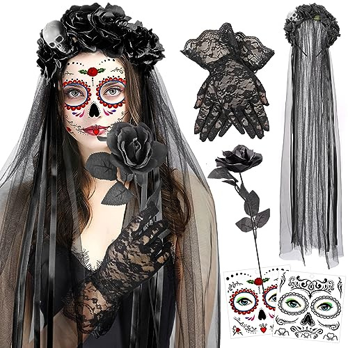 HOWAF Cerchietto Dia De Los Muertos Accessori, Cerchietto Halloween Tatuaggi Viso, Guanti Artificiali Rosa per Dia De Los Muertos, Giorno dei Morti Costume Halloween Dress Costume Accessory, F