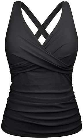 Firpearl Women Underwire Tankini Top Only Twist V Neck Swimsuits for Big Busted Ruched Tummy Control Bathing Suits Top, Black, 18
