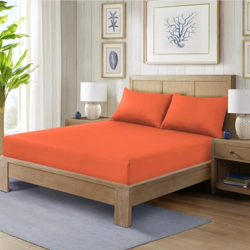 HADI LONDON Polycotton Fitted Sheets for Single Double King Super King Size Bed Plain Dyed 25 cm Extra Deep Fitted Sheet Cover with 200 Thread Count and Elasticated Edges (Orange, Single)
