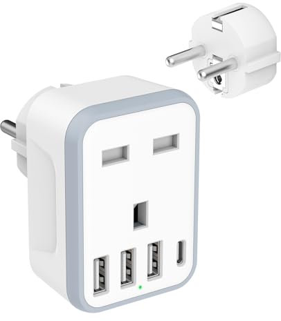 Loydia European Travel Adapter - 5 in 1 UK to EU Adapter with 4 USB Ports, UK to Turkey Travel Plug, Grounded Schuko Plug for Germany, France, Spain, Portugal, Poland, Austria (Type E/F)