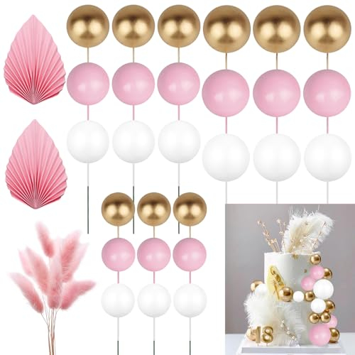 CATELL 41pcs Cake Balls, Ball Cake Toppers, Decorations, Flowers, Palm Fan, Pink, Gold, White, Wedding, Baby Shower, Birthday Party