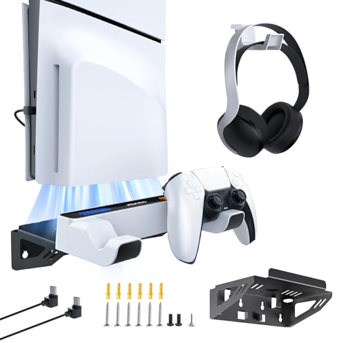 NexiGo Soporte de Pared para PS5 con Estación de Carga para PS5 (Todas Las Versiones) y Nuevas Consolas PS5 Slim, Mandos DualSense_Edge y Regulares