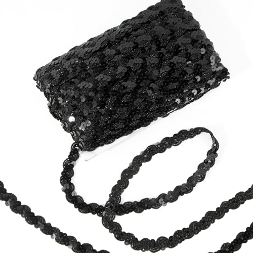 15 Yards Geflochten Pailletten Bänder 15mm Pailletten Schwarz Paillettenband Glitzer Paillette Trim zum basteln für DIY Kunsthandwerk Geschenkband Bekleidungszubehör
