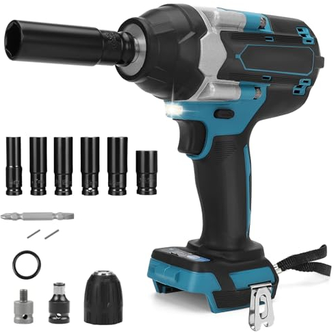 1000Nm Akku Schlagschrauber Kompatibel mit Makita 18V Lithium-Akku, 1/2 Zoll Bürstenloser Drehschlagschrauber Schraubenschlüssel mit 6 Stecknüsse und LED-Licht (Ohne Batterie)