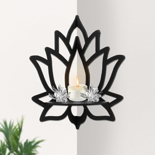 NIHUIFDPY Water Lily Flower Shapes Corner Shelf, Wooden Floating Corner Shelves, Black Wall Mounted Display Corner Shelf, Decorative Water Lily Floating Corner Rack for Bedrooms Offices Living Room