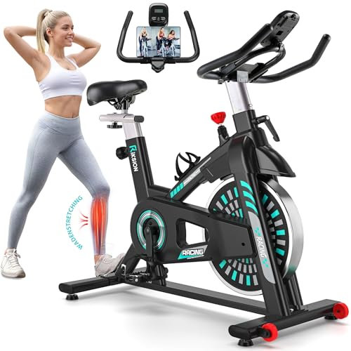 Heimtrainer Fahrrad, Riksion Indoor Cycling Bike, Heimtrainer bis 140 kg belastbar, Robuster Rahmen, Verstellbarer Widerstand und Transportrollen