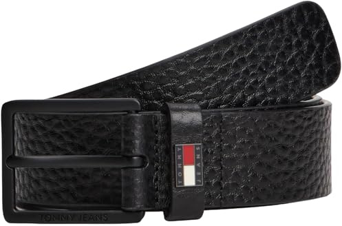 Tommy Jeans Herren Gürtel Elevated Flag 3,5 cm Ledergürtel, Schwarz (Black), 95 cm