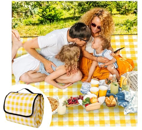 CUNCUI Picnic Outdoor Blankets, Extra Large 79x79in Beach Blanket, Thick 3-Layers Camping Waterproof Mat for Camp Hiking Park, Portable Foldable Rug for Family-Yellow, Sandproof & Machine Washable