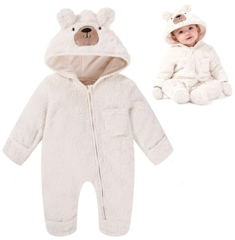 ChYoung Baby Snowsuit Onesie Newborn Baby Girl Boy Clothes Bear Hooded Footed Fleece Romper Fall Winter Outfits (White, 3-6 Months)