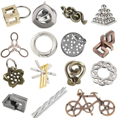 Holzsammlung 15 Stück Knobelspiele Metall, Metallpuzzle IQ Spiele Knobelspiele, Geduldspiele Geschicklichkeitsspiel Denkspiele, Puzzle Game Rätsel Spielzeug Geschenk Set für Erwachsene und Kinder