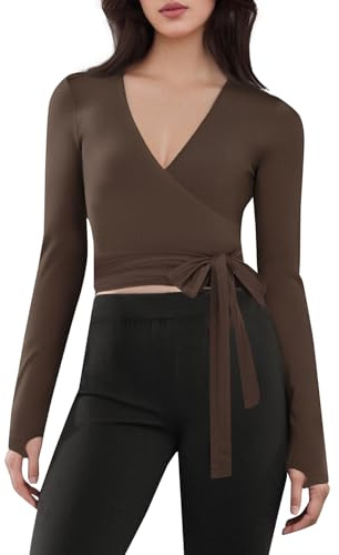 Edhomenn Dam långärmad omlott topp djup V-hals smal passform tumhålsblus damer framsida slips kors wrap t-shirt yoga balett pilates träningstopp, 03 Kaffe, XL