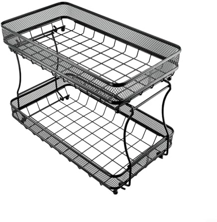 Pumixiy Cesta desmontable de 2 niveles para encimera de cocina, cuenco de almacenamiento de frutas, verduras y pan, estante de alambre de acero de estilo vintage con pies estables, color negro