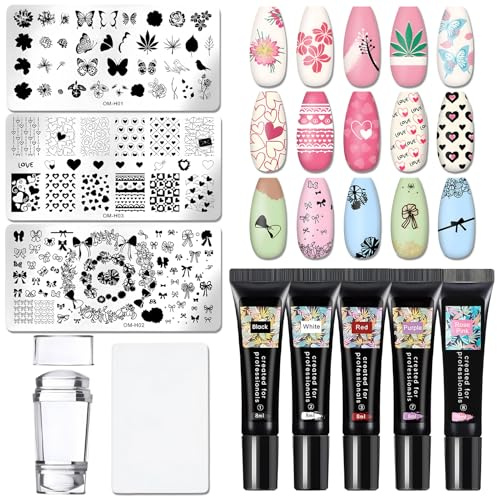 Smalto per Stamping Kit, Estampacion Uñas de Acero, Nail Art, Incluye Gel para Estampar Diseños de Uñas, Stamping para Uñas, Plantillas para Diseños de Uñas y Raspadores, Colori Vivaci