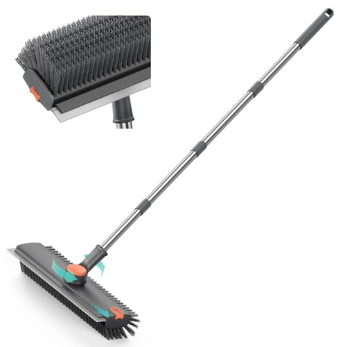 Alyvisun 3 in 1 Spazzola Lavapavimenti, Spazzola per Pavimenti con Setole a V e Manico Lungo, Spazzolone per Pavimenti con Tergivetro in Silicone, Testa Rotante 360° per Patio, Bagno e Piastrelle