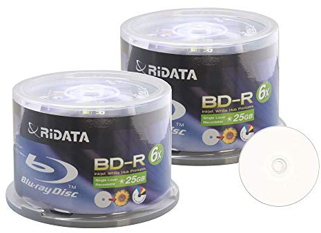 100 Pack Ridata 6X BD-R BDR 25GB Single Layer Blue Blu-ray White Inkjet Hub Printable Recordable Blank Media Disc with Spindle Packing