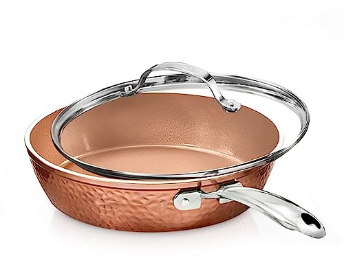 Gotham Steel 10 Inch Hammered Non Stick Frying Pans, Nonstick Frying Pan with Lid, Nonstick Pan, Ceramic Frying Pans Nonstick Skillet, Ceramic Pan, Non Stick Pan, Copper Pan, Dishwasher / Oven Safe