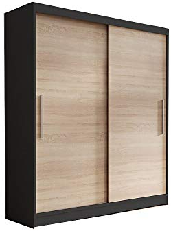 MOEBLO Kleiderschrank Schwebetürenschrankmit Spiegel 2-türig Schrank mit 6 Einlegeböden und Kleiderstange Gaderobe Schiebtüren BxHxT 150x200x61 Lara 04 (Schwarz + Sonoma)