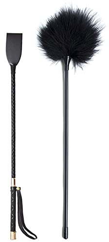 BDSMAGE 2 Stück BDSM-Set, 1 Stück 11,8-Zoll-Reitpeitsche aus Leder † 1 Stück langer weicher Federkitzler, sexy Spielzeug-Rollenspiel-Flirtspiel, Spanking-Paddel für Erwachsene, Sexspiele für Paare