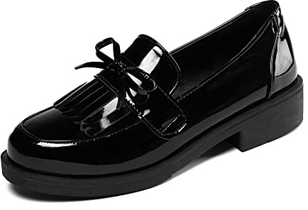 LIPIJIXI Fashion Platform Loafers for Women Slip-On Penny Loafers with Wedge Heel Round Toe Low Loafers Tassel School Shoes Patent Black Size 47