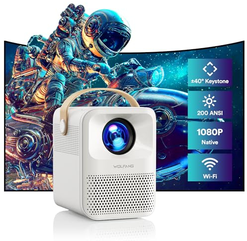 Mini Beamer 4K, WOLFANG 5G WiFi Bluetooth Portable Projektor, Native 1080P 15000 Lumen, Trapezkorrektur, Dual Stereo-Lautsprecher 200-Zoll, Zoom, Kompatibel mit Phone/Laptop/Fire Stick/PS5