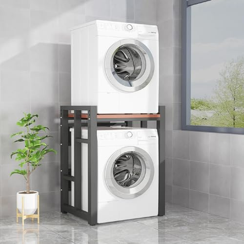 HOLMZCED Thicked Steel Washer Dryer Stacking Rack Stand, Wooden Standing Washer Dryer Machine Rack Shelf Stackable Washing Machine Shelf Heavy Duty Space Saving for Laundry Room Bathroom