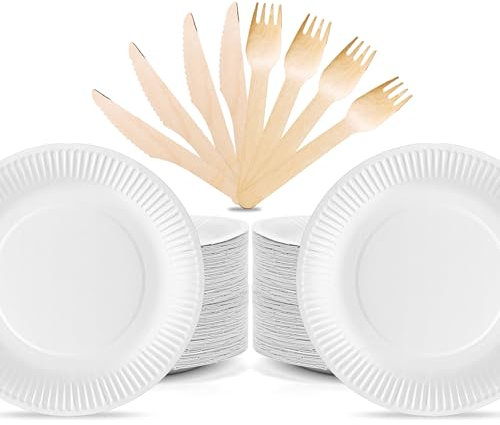 G4GADGET 300Pcs Paper Plates (9 Inch) and Cutlery Set, Party Tableware Including 100 Plates, 100 Wooden Knives, 100 Wooden Forks - Perfect for Birthdays, Weddings, BBQs